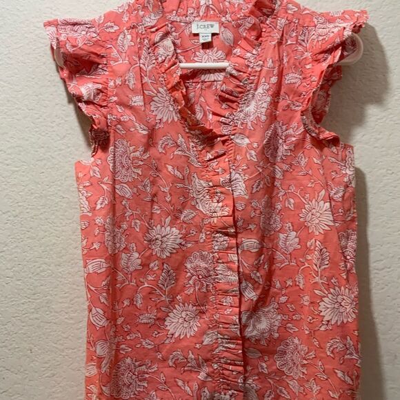 J Crew Womens Sleeveless Shirt Large Colorful Floral Ruffles Preppy Resort - Picture 2 of 8